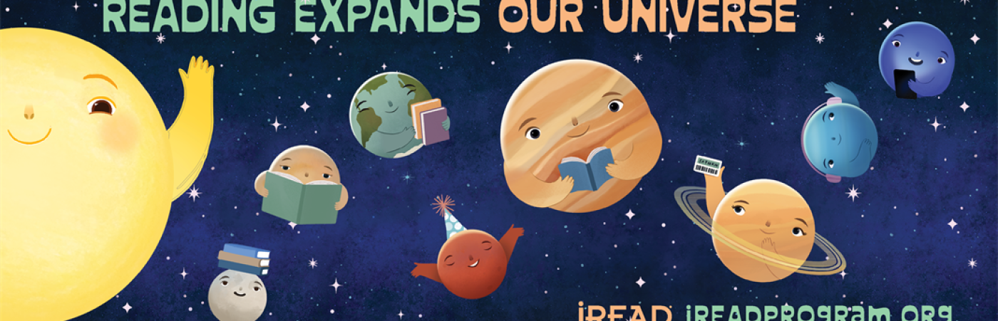 Reading expands our universe. iREADprogram.org. A spacial scene with planets reading books.