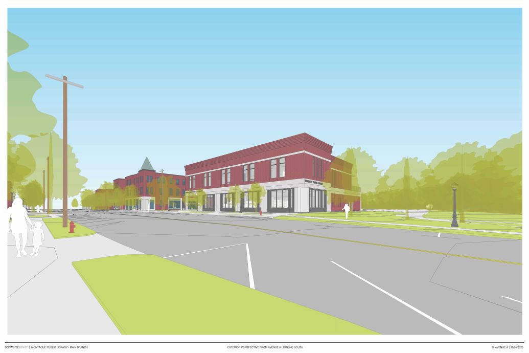 Rendering of potential new library building: exterior perspective from Avenue A looking south.